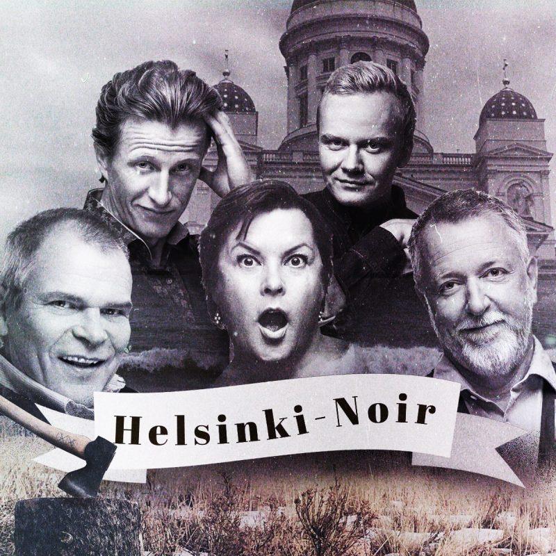 Kuvassa Stella Polariksen improshown näyttelijät vasten mustavalkoista Helsinki maisemaa