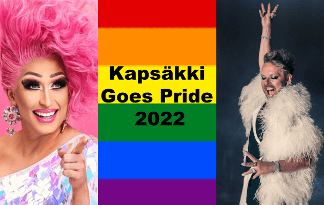 Kuvassa Kapsäkki Goes Priden esiintyjät Marko Vainio, jolla vaaleanpunainen, tuuhea tukka vasemmalla sekä oikealla Pola Ivanka valkoisessa turkissa mikrofoni kädessä. Esiintyjien välissä Pride-lippu.