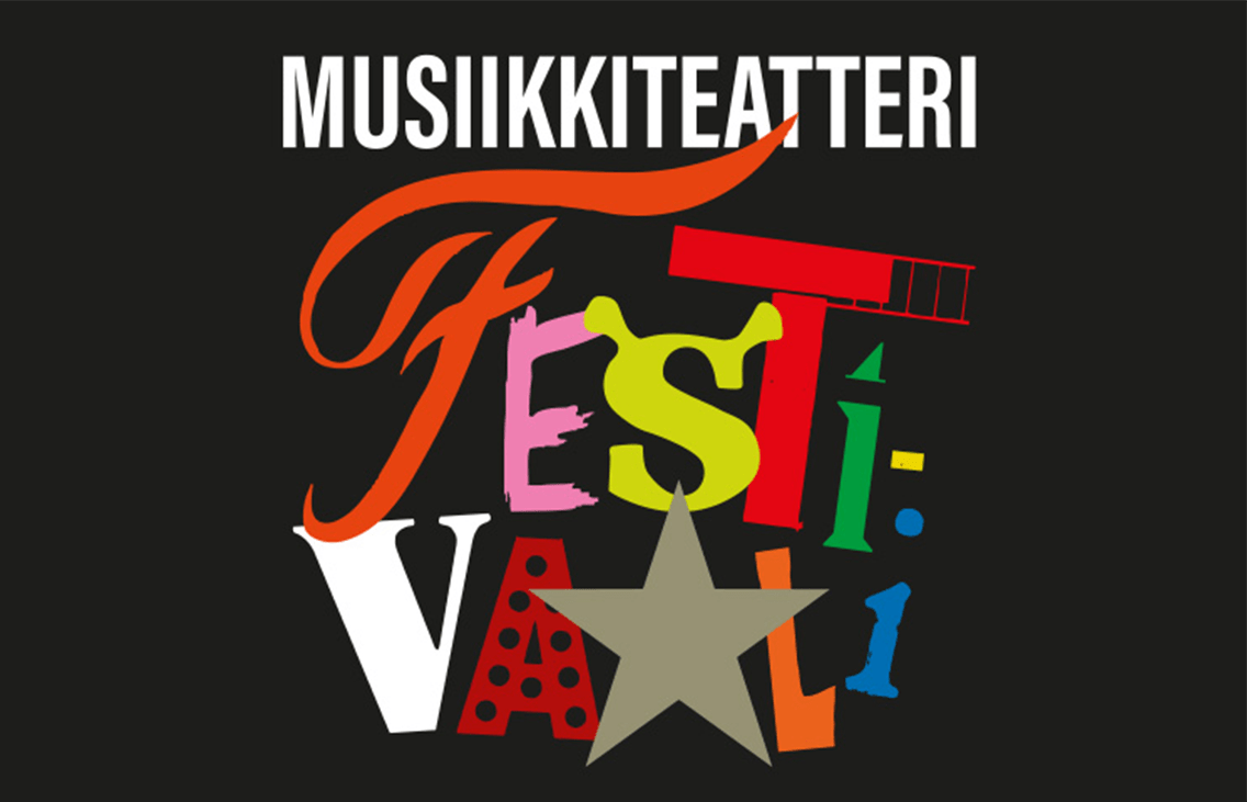 Kuvassa Musiikkiteatterifestivaalin värikäs logo mustaa taustaa vasten.