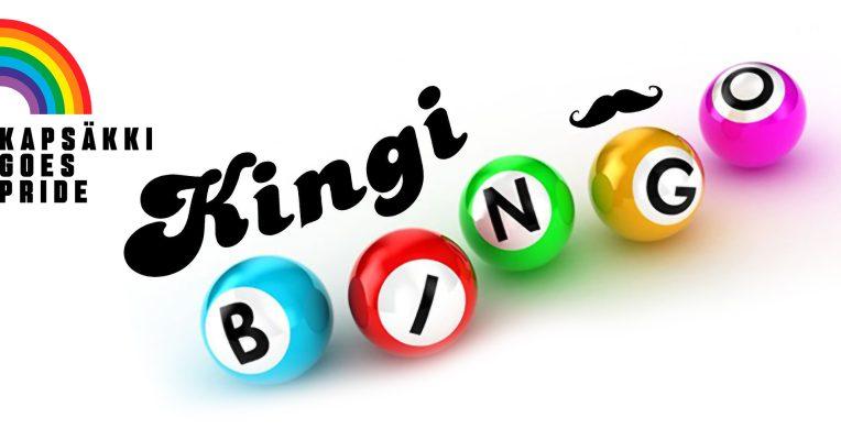 Kuvassa teksti Kingi, jonka alla värikkäissä bingopalloissa sana Bingo. O-kirjaimen päällä viikset.