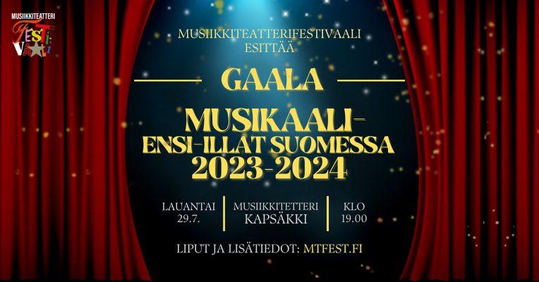 Kuvassa sivuilla punaiset verhot ja keskellä kultainen teksti, jossa lukee Gaala Musikaaliensi-illat Suomessa 2023-2024.