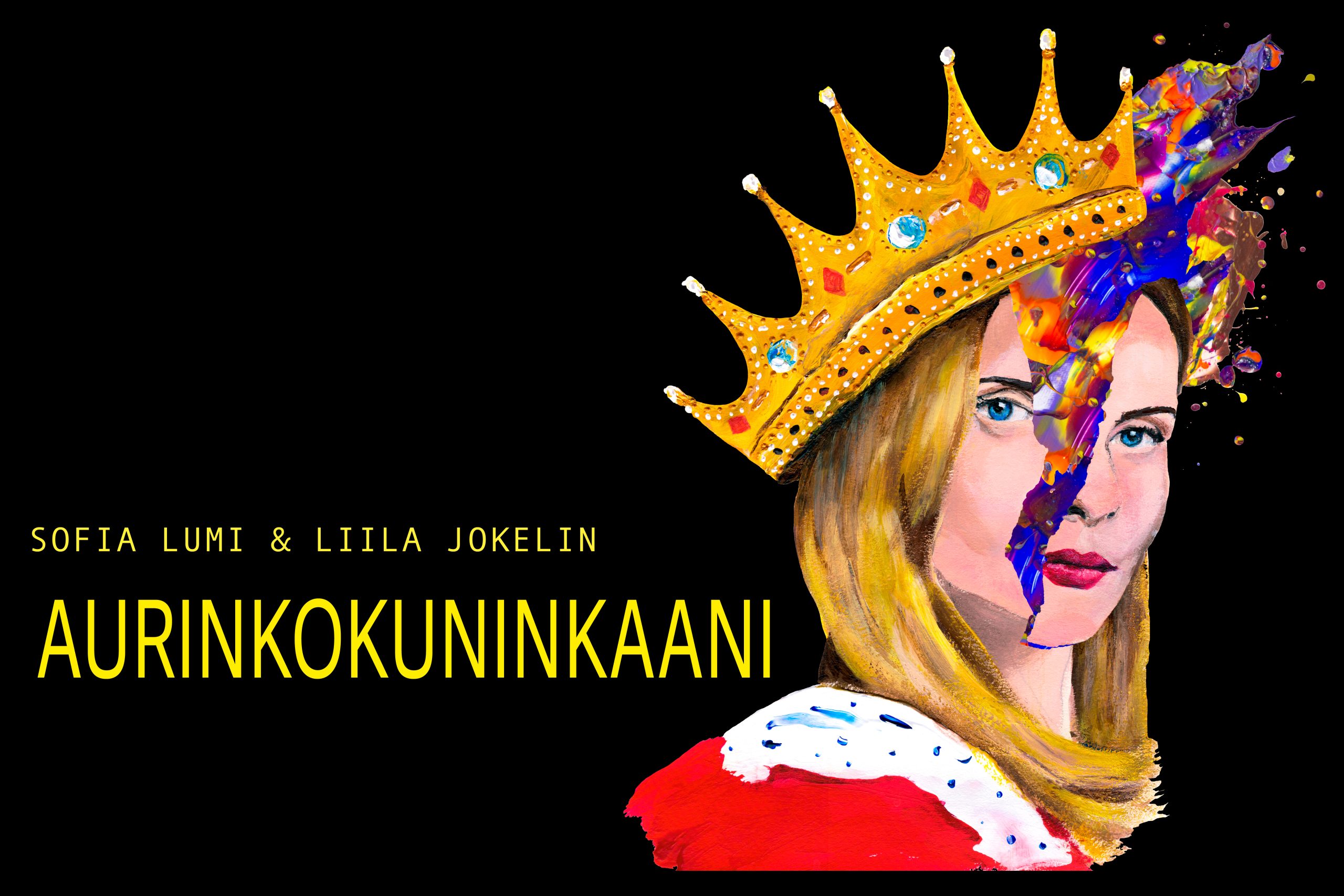 Kuvassa teksti Aurinkokuninkaani ja taiteiltu hahmo kruunu päässä.
